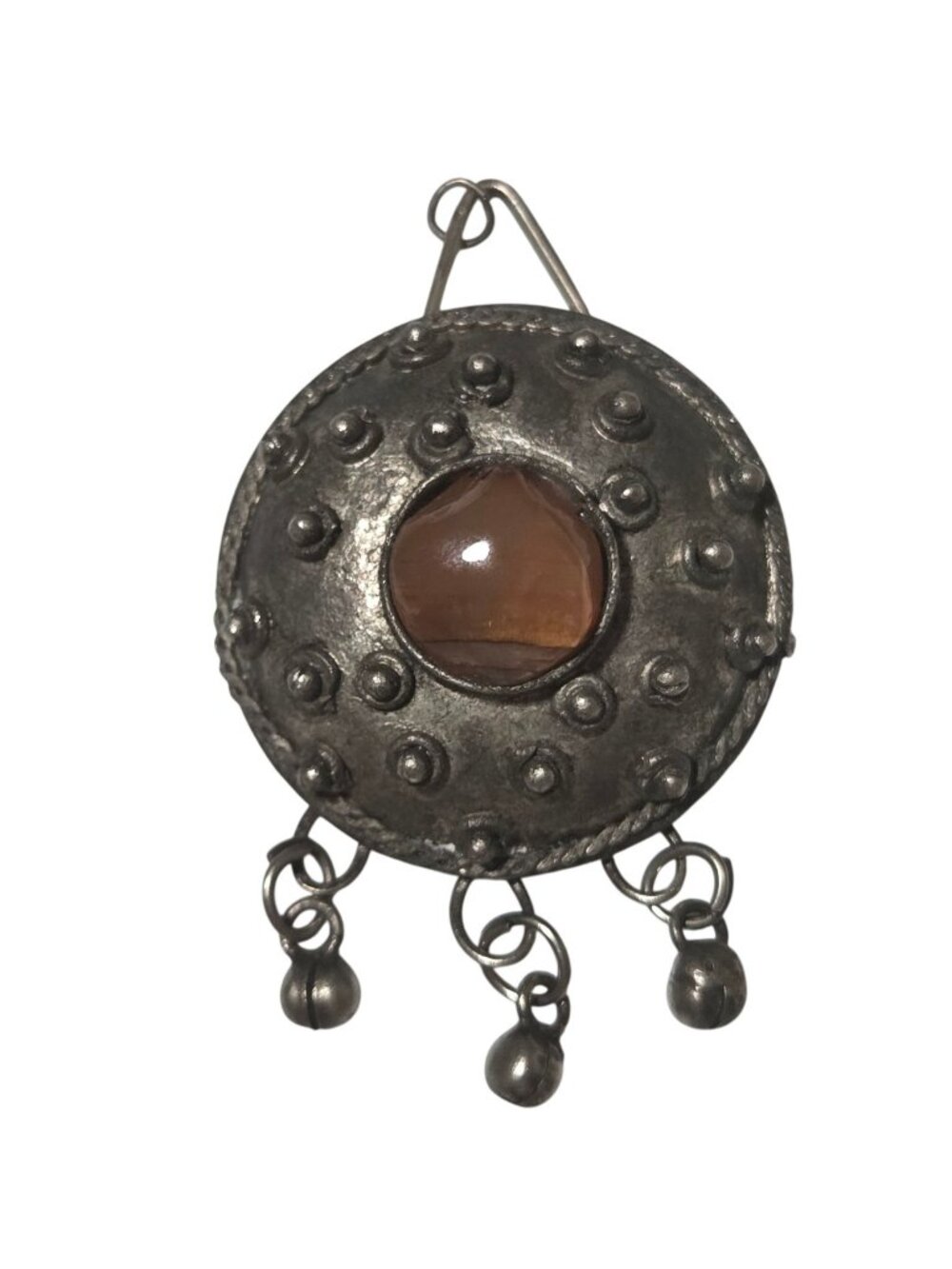 Vintage Metal Pendant Rustic Boho Orange Cabochon Stone Dangle Accents Jewelry